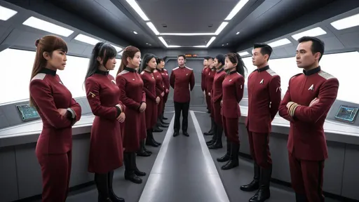 Prompt: (((The massive bridge of the starship is abuzz with activity as a diverse group of 16 recently graduated Cosmicfleet Academy cadets and 20 officers from various species.))). (((There are 4 Human men & 4 human women))), (((4 green matte))) (((men and women aliens with antennas, coming out of their heads))), (((6 metallic blue  headed humanoid ?male and female aliens, (((4 indigo matte humanoids with yellow freckles running in a weaving pattern over there right side of their face))), work together to prepare for their maiden voyage, of exploration. (((The bridge is meticulously designed to resemble the original USS Enterprise NCC 1701))). (((All of the crew are dressed in Victorian style uniforms designed, by Denise and Mike Okuda))). (((The aliens are designed, by Michael Westmore and Ridley Scott.))). (((As the cadets busy themselves with pre-flight checks, the human Caucasian male captain surveys the bridge with a seasoned eye, his experience and leadership evident in his confident demeanor.))). He's sitting, in his command chair. (((The air is electric with excitement and anticipation, as the next generation of Starfleet officers embarks on a journey under the guidance of a legendary captain.)))., 3d render, cinematic, vibrant, wildlife photography, fashion, portrait photography, 24 women, Blue eyes, Brown Hair, Black Hair, Red Eyes, Hair Ornament, Animal Ears, 24 men, Looking at viewer, Blonde Hair, Brown Hair, Black Hair, Japanese, Chinese, Dutch, Norwegian, German, Swedish, Italian, 5 Kenyan humans, Masterpiece, High Resolution, Anatomically Correct, Award Winning, Best Quality, High Details, UHD, Super Detailed, Long Hair, Short Hair, Blonde Hair, Brown Hair, Well Endowed. Bright vibrant scene.