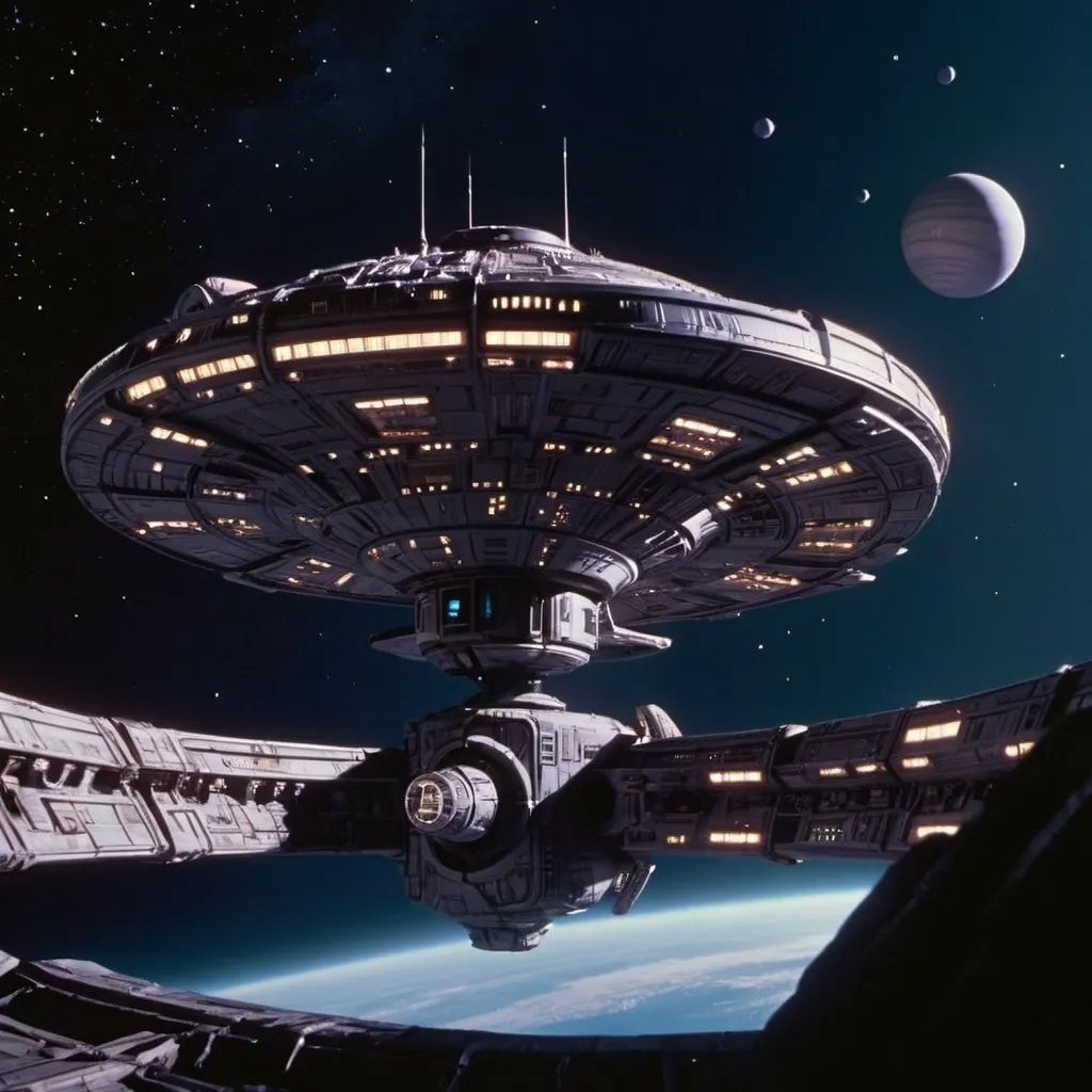 Prompt: an exterior shot of a deep space nine space station, Babylon 5 with glowing windows mri machine millennium falcon, Rick Sternbach, Nicholas Meyer, George Lucas, Ridley Scott, Stanley Kubrick, Arthur C. Clarke, Larry Niven, cold metallic colors, dramatic space sky, 750k UHD resolution, 4D.