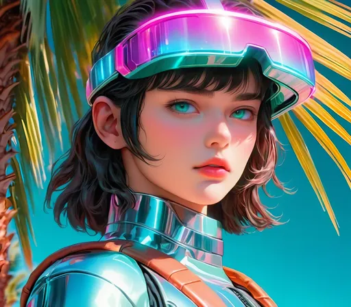 Prompt: a close up of a person wearing futuristic visors a palm tree, shiny cyberpunk colors, retrofuturism, 1980s sci-fi, game cover art, character, 4k