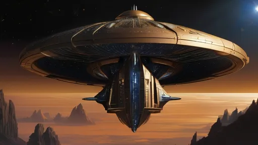 Prompt: Imagine a (((very massive dark gold starship))) based on the shape of an infinity symbol, with a length of 144 miles and a diameter of 72 miles at its midsection.(((2 diamond crystal nacelles)) are evenly spaced above the back of the base of the ship.A captivating, artwork that seamlessly merges elements from Babylon 5, Deep Space 9, and Andromeda Ascendant. At the center is an enormous space city, housed within a dazzling, invisible shield, that offers a mesmerizing glimpse into the dark cosmos. The architectural design, a captivating fusion of futuristic technology and medieval aesthetics, is adorned with intricate details &vibrant colors. (((Imagine a (((very massive dark gold starship))) based on the shape of an infinity symbol combined with a 🏯🏰castle 🏯 🏰, with a length of 144 miles and a diameter of 72 miles at its midsection.)))(((2 diamond crystal nacelles)) are evenly spaced above the back of the base of the ship. 