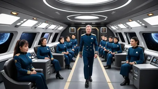 Prompt: (((The massive bridge of the starship is abuzz with activity as a diverse group of 16 recently graduated Cosmicfleet Academy cadets and 20 officers from various species.))). (((There are 4 Human men & 4 human women))), (((4 green matte))) (((men and women aliens with antennas, coming out of their heads))), (((6 metallic blue  headed humanoid ?male and female aliens, (((4 indigo matte humanoids with yellow freckles running in a weaving pattern over there right side of their face))), work together to prepare for their maiden voyage, of exploration. (((The bridge is meticulously designed to resemble the original USS Enterprise NCC 1701))). (((All of the crew are dressed in Victorian style uniforms designed, by Denise and Mike Okuda))). (((The aliens are designed, by Michael Westmore and Ridley Scott.))). (((As the cadets busy themselves with pre-flight checks, the human Caucasian male captain surveys the bridge with a seasoned eye, his experience and leadership evident in his confident demeanor.))). He's sitting, in his command chair. (((The air is electric with excitement and anticipation, as the next generation of Starfleet officers embarks on a journey under the guidance of a legendary captain.)))., 3d render, cinematic, vibrant, wildlife photography, fashion, portrait photography, 24 women, Blue eyes, Brown Hair, Black Hair, Red Eyes, Hair Ornament, Animal Ears, 24 men, Looking at viewer, Blonde Hair, Brown Hair, Black Hair, Japanese, Chinese, Dutch, Norwegian, German, Swedish, Italian, 5 Kenyan humans, Masterpiece, High Resolution, Anatomically Correct, Award Winning, Best Quality, High Details, UHD, Super Detailed, Long Hair, Short Hair, Blonde Hair, Brown Hair, Well Endowed. Bright vibrant scene.