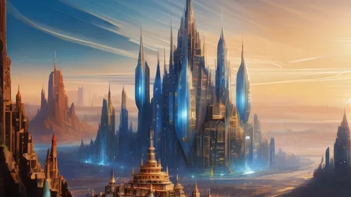 Prompt: (((12 Crystal Palaces))), (((36 diamond skyscrapers))), (((4 massive cobalt metallic gold futuristic medieval castles))), intricate architecture, otherworldly ambiance, still under construction, bustling activity, metallic sheen, shimmering facets, vibrant futuristic lighting, dynamic perspective, expansive alien cityscape, rich hues of blue and gold, breathtaking detail, ultra-detailed, cinematic quality, wide-screen view, on an alien planet, at sunset 🌇.