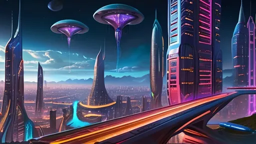 Prompt: A futuristic alien cityscape with towering skyscrapers, intricate architectural designs, and neon-lit pathways. There are flying vehicles hovering above the ground, and the environment is adorned with vibrant light trails. The foreground features several humanoid figures, possibly inhabitants of this advanced civilization, walking along the pathways. The overall ambiance is a blend of technological advancement and natural elements, suggesting a harmonious coexistence of the two.