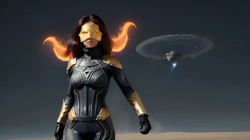 Prompt: A mysterious Super Heroine named Cosmic 
Super Nova soaring through the air above Earth. The hero, standing 5'8" and weighing at a fit 135 lbs, is clad in dark lemon armor with a cowl concealing her identity. A striking exploding nova  emblem dominates the chest of the hero's suit. In her wake, a trail of fiery dust is scattered through the air, signifying the power and speed of this enigmatic figure.