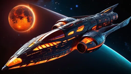 Prompt: Space cruiser, futuristic, sci-fi, dragon themed shaped, dynamic lighting, orbiting fiery planet in space, front view, side view top view