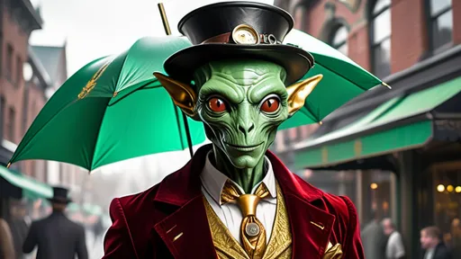 Prompt: This average build human-alien hybrid, with an athletic Irish-green colored skin, and gold coin shaped ears, and is staring directly at the viewer, with a wonderful smile. The man is wearing a red & obtuse gold velvet Victorian style suit, with a Fedora, and leaning on a fashionable sturdy umbrella. Behind the human-alien, there's a steampunk-looking car with intricate designs, including a shiny metallic surface and two spherical objects, in front are its headlights. This vivacious gregarious humanoid woman with an athletic light-red colored body, and diamond-ears is staring directly at the viewer, with a wonderful smile. The woman is wearing a red & obtuse cream &gold colored Victorian style gown, with a fashionable hat, and leaning on a fashionable sturdy umbrella.There are a vast variety of cars with intricate designs, including a shiny metallic blue surface and two crystal headlights, on one of them.The background is a gradient of dark metallic gold & obtuse green, giving an ambiance of a steampunk car showroom. A full body view of the woman, she's standing about 10 feet in front of the closest car, which has a yellow shaker hood scoop. Other cars resemble early Lamborghinis, Mustangs, Chevys, Mercury Cougars, Oldsmobiles, and more. These humanoids are married co-owners of the dealership. Both the woman and man are close together each other.