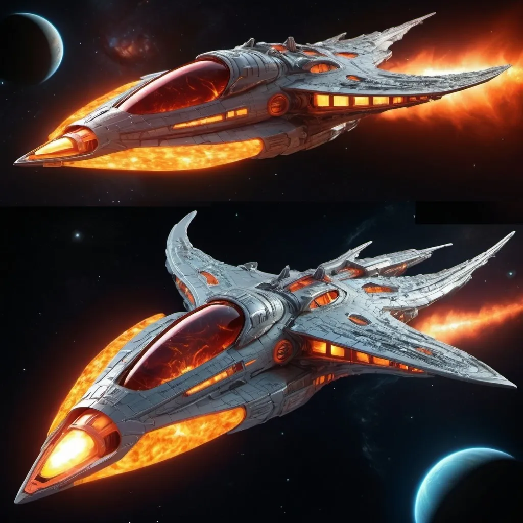 Prompt: Space cruiser, futuristic, sci-fi, dragon themed shaped, dynamic lighting, orbiting fiery planet in space, front view, side view top view