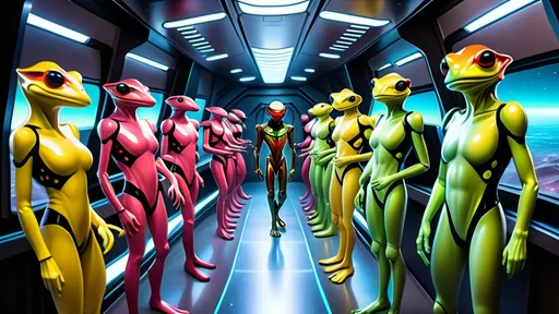 Prompt: The bridge of the starship is abuzz with activity as a diverse group of 12 recently graduated Cosmicfleet Academy cadets and 12 officers from various species, one is anthropomorphic metallic red frog humanoid, 3 Humans, green aliens with antennas, coming out of their heads, blue squarish headed humanoid aliens, pink humanoids with yellow freckles running in a weaving pattern over there right side of their face, work together to prepare for their maiden voyage, of exploration. The bridge is meticulously designed to resemble the original USS Enterprise NCC 1701. All of the crew are dressed in Victorian style uniforms designed, by Denise and Mike Okuda. The aliens are designed, by Michael Westmore. As the cadets busy themselves with pre-flight checks, the human Caucasian male Captain surveys the bridge with a seasoned eye, his experience and leadership evident in his confident demeanor. He's sitting, in his command chair. The air is electric with excitement and anticipation, as the next generation of Starfleet officers embarks on a journey under the guidance of a legendary captain., 3d render, cinematic, vibrant, wildlife photography, fashion, portrait photography, photo1girl, 24 women, Blue eyes, Brown Hair, Black Hair, Red Eyes, Hair Ornament, Animal Ears, 30 men, Looking at viewer, Blonde Hair, Brown Hair, Black Hair, Japanese, Chinese, Dutch, Norwegian, German, Swedish, Italian, 5 Kenyan humans, Masterpiece, High Resolution, Anatomically Correct, Award Winning, Best Quality, High Details, UHD, Super Detailed, Long Hair, Short Hair, Blonde Hair, Brown Hair, Well Endowed.