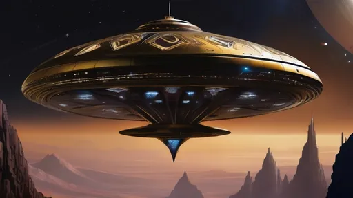 Prompt: Imagine a (((very massive dark gold starship))) based on the shape of an infinity symbol, with a length of 144 miles and a diameter of 72 miles at its midsection.(((2 diamond crystal nacelles)) are evenly spaced above the back of the base of the ship.A captivating, artwork that seamlessly merges elements from Babylon 5, Deep Space 9, and Andromeda Ascendant. At the center is an enormous space city, housed within a dazzling, invisible shield, that offers a mesmerizing glimpse into the dark cosmos. The architectural design, a captivating fusion of futuristic technology and medieval aesthetics, is adorned with intricate details &vibrant colors. (((Imagine a (((very massive dark gold starship))) based on the shape of an infinity symbol combined with a 🏯🏰castle 🏯 🏰, with a length of 144 miles and a diameter of 72 miles at its midsection.)))(((2 diamond crystal nacelles)) are evenly spaced above the back of the base of the ship. 