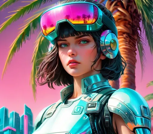 Prompt: a close up of a person wearing futuristic visors a palm tree, shiny cyberpunk colors, retrofuturism, 1980s sci-fi, game cover art, character, 4k