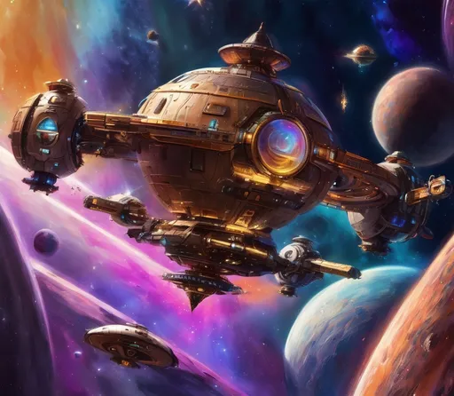 Prompt: Steampunk metallic.Use the styles of Issac Asimov, J. Michael Straczynski, 6 O'Neil Class Space Station vibrant🖍️⚡ colors,There are hundreds of starships🌌👽🛸 going to & fro, from the station, at any hour of the day.🛰️The station is center. 🛰️many stars, a nebula, in the background.vibrant,diamond style.🌕🌎🌖🌏🌕🌏🌓.Photorealistic, extremely Intricate detailed faces. 750,000 UHD 5D resolution. Crystal clarity. Insanely symmetrical.