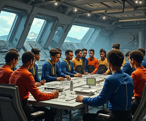 Prompt: (((The massive bridge of the starship is abuzz with activity as a diverse group of 16 recently graduated Cosmicfleet Academy cadets and 20 officers from various species.))). (((There are 4 Human men & 4 human women))), (((4 green matte))) (((men and women aliens with antennas, coming out of their heads))), (((6 metallic blue  headed humanoid ?male and female aliens, (((4 indigo matte humanoids with yellow freckles running in a weaving pattern over there right side of their face))), work together to prepare for their maiden voyage, of exploration. (((The bridge is meticulously designed to resemble the original USS Enterprise NCC 1701))). (((All of the crew are dressed in Victorian style uniforms designed, by Denise and Mike Okuda))). (((The aliens are designed, by Michael Westmore and Ridley Scott.))). (((As the cadets busy themselves with pre-flight checks, the human Caucasian male captain surveys the bridge with a seasoned eye, his experience and leadership evident in his confident demeanor.))). He's sitting, in his command chair. (((The air is electric with excitement and anticipation, as the next generation of Starfleet officers embarks on a journey under the guidance of a legendary captain.)))., 3d render, cinematic, vibrant, wildlife photography, fashion, portrait photography, 24 women, Blue eyes, Brown Hair, Black Hair, Red Eyes, Hair Ornament, Animal Ears, 24 men, Looking at viewer, Blonde Hair, Brown Hair, Black Hair, Japanese, Chinese, Dutch, Norwegian, German, Swedish, Italian, 5 Kenyan humans, Masterpiece, High Resolution, Anatomically Correct, Award Winning, Best Quality, High Details, UHD, Super Detailed, Long Hair, Short Hair, Blonde Hair, Brown Hair, Well Endowed. Bright vibrant scene.