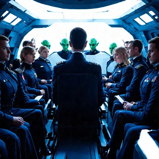 Prompt: (((The massive bridge of the starship is abuzz with activity as a diverse group of 16 recently graduated Cosmicfleet Academy cadets and 20 officers from various species.))). (((There are 4 Human men & 4 human women))), (((4 green matte))) (((men and women aliens with antennas, coming out of their heads))), (((6 metallic blue  headed humanoid ?male and female aliens, (((4 indigo matte humanoids with yellow freckles running in a weaving pattern over there right side of their face))), work together to prepare for their maiden voyage, of exploration. (((The bridge is meticulously designed to resemble the original USS Enterprise NCC 1701))). (((All of the crew are dressed in Victorian style uniforms designed, by Denise and Mike Okuda))). (((The aliens are designed, by Michael Westmore and Ridley Scott.))). (((As the cadets busy themselves with pre-flight checks, the human Caucasian male captain surveys the bridge with a seasoned eye, his experience and leadership evident in his confident demeanor.))). He's sitting, in his command chair. (((The air is electric with excitement and anticipation, as the next generation of Starfleet officers embarks on a journey under the guidance of a legendary captain.)))., 3d render, cinematic, vibrant, wildlife photography, fashion, portrait photography, 24 women, Blue eyes, Brown Hair, Black Hair, Red Eyes, Hair Ornament, Animal Ears, 24 men, Looking at viewer, Blonde Hair, Brown Hair, Black Hair, Japanese, Chinese, Dutch, Norwegian, German, Swedish, Italian, 5 Kenyan humans, Masterpiece, High Resolution, Anatomically Correct, Award Winning, Best Quality, High Details, UHD, Super Detailed, Long Hair, Short Hair, Blonde Hair, Brown Hair, Well Endowed. Bright vibrant scene.