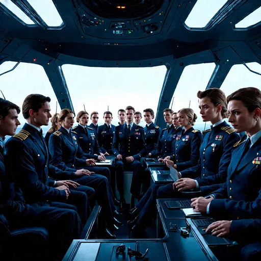 Prompt: (((The massive bridge of the starship is abuzz with activity as a diverse group of 16 recently graduated Cosmicfleet Academy cadets and 20 officers from various species.))). (((There are 4 Human men & 4 human women))), (((4 green matte))) (((men and women aliens with antennas, coming out of their heads))), (((6 metallic blue  headed humanoid ?male and female aliens, (((4 indigo matte humanoids with yellow freckles running in a weaving pattern over there right side of their face))), work together to prepare for their maiden voyage, of exploration. (((The bridge is meticulously designed to resemble the original USS Enterprise NCC 1701))). (((All of the crew are dressed in Victorian style uniforms designed, by Denise and Mike Okuda))). (((The aliens are designed, by Michael Westmore and Ridley Scott.))). (((As the cadets busy themselves with pre-flight checks, the human Caucasian male captain surveys the bridge with a seasoned eye, his experience and leadership evident in his confident demeanor.))). He's sitting, in his command chair. (((The air is electric with excitement and anticipation, as the next generation of Starfleet officers embarks on a journey under the guidance of a legendary captain.)))., 3d render, cinematic, vibrant, wildlife photography, fashion, portrait photography, 24 women, Blue eyes, Brown Hair, Black Hair, Red Eyes, Hair Ornament, Animal Ears, 24 men, Looking at viewer, Blonde Hair, Brown Hair, Black Hair, Japanese, Chinese, Dutch, Norwegian, German, Swedish, Italian, 5 Kenyan humans, Masterpiece, High Resolution, Anatomically Correct, Award Winning, Best Quality, High Details, UHD, Super Detailed, Long Hair, Short Hair, Blonde Hair, Brown Hair, Well Endowed. Bright vibrant scene.