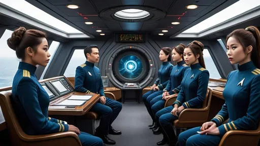 Prompt: (((The massive bridge of the starship is abuzz with activity as a diverse group of 16 recently graduated Cosmicfleet Academy cadets and 20 officers from various species.))). (((There are 4 Human men & 4 human women))), (((4 green matte))) (((men and women aliens with antennas, coming out of their heads))), (((6 metallic blue  headed humanoid ?male and female aliens, (((4 indigo matte humanoids with yellow freckles running in a weaving pattern over there right side of their face))), work together to prepare for their maiden voyage, of exploration. (((The bridge is meticulously designed to resemble the original USS Enterprise NCC 1701))). (((All of the crew are dressed in Victorian style uniforms designed, by Denise and Mike Okuda))). (((The aliens are designed, by Michael Westmore and Ridley Scott.))). (((As the cadets busy themselves with pre-flight checks, the human Caucasian male captain surveys the bridge with a seasoned eye, his experience and leadership evident in his confident demeanor.))). He's sitting, in his command chair. (((The air is electric with excitement and anticipation, as the next generation of Starfleet officers embarks on a journey under the guidance of a legendary captain.)))., 3d render, cinematic, vibrant, wildlife photography, fashion, portrait photography, 24 women, Blue eyes, Brown Hair, Black Hair, Red Eyes, Hair Ornament, Animal Ears, 24 men, Looking at viewer, Blonde Hair, Brown Hair, Black Hair, Japanese, Chinese, Dutch, Norwegian, German, Swedish, Italian, 5 Kenyan humans, Masterpiece, High Resolution, Anatomically Correct, Award Winning, Best Quality, High Details, UHD, Super Detailed, Long Hair, Short Hair, Blonde Hair, Brown Hair, Well Endowed. Bright vibrant scene.