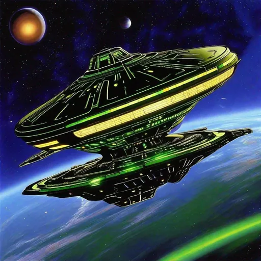 Prompt: Fuse a Winnebago& Narn Ship(Babylon 5),into a starship.Have the starship flying near a Saturn like planet. Give it nacels that resemble AA batteries & make its colors gold& forest green,while the lights inside the nacels are lime green.Have i orbiting the Earth. Show a Orbital platform with many docking bays, in background.