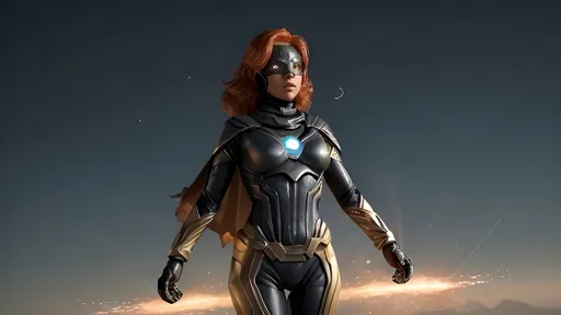 Prompt: A mysterious Super Heroine named Cosmic 
Super Nova soaring through the air above Earth. The hero, standing 5'8" and weighing at a fit 135 lbs, is clad in dark lemon armor with a cowl concealing her identity. A striking exploding nova  emblem dominates the chest of the hero's suit. In her wake, a trail of fiery dust is scattered through the air, signifying the power and speed of this enigmatic figure.