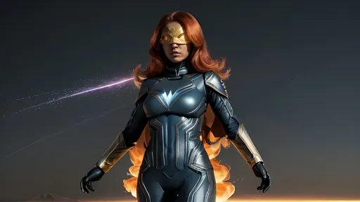 Prompt: A mysterious Super Heroine named Cosmic 
Super Nova soaring through the air above Earth. The hero, standing 5'8" and weighing at a fit 135 lbs, is clad in dark lemon armor with a cowl concealing her identity. A striking exploding nova  emblem dominates the chest of the hero's suit. In her wake, a trail of fiery dust is scattered through the air, signifying the power and speed of this enigmatic figure.