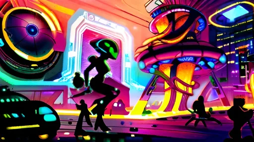 Prompt: A futuristic alien cityscape with towering skyscrapers, intricate architectural designs, and neon-lit pathways. There are flying vehicles hovering above the ground, and the environment is adorned with vibrant light trails. The foreground features several humanoid figures, possibly inhabitants of this advanced civilization, walking along the pathways. The overall ambiance is a blend of technological advancement and natural elements, suggesting a harmonious coexistence of the two.