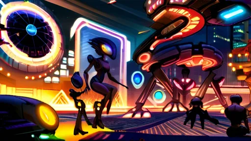 Prompt: A futuristic alien cityscape with towering skyscrapers, intricate architectural designs, and neon-lit pathways. There are flying vehicles hovering above the ground, and the environment is adorned with vibrant light trails. The foreground features several humanoid figures, possibly inhabitants of this advanced civilization, walking along the pathways. The overall ambiance is a blend of technological advancement and natural elements, suggesting a harmonious coexistence of the two.