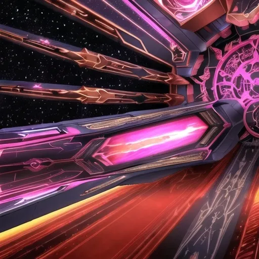 Prompt: <lora:USS Enterprise:1.0> Neon gold starship Enterprise of cosmicpunk,very intricate details, aesthetic.The ship is adorned with a royalistic ambiance, crimson red gears, levers, exact patterns, contrasting + its neon green matte body.Background has stars, ships, & gigantic Earth-type planet.750k UHD 4D. Styles of Steven Spielberg, Harlan Ellison.Hyperrealistic, mid shot, color depth.