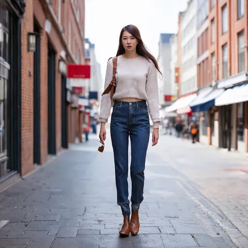 Prompt: Tall young woman walking down the high street, detailed clothing, realistic, natural lighting