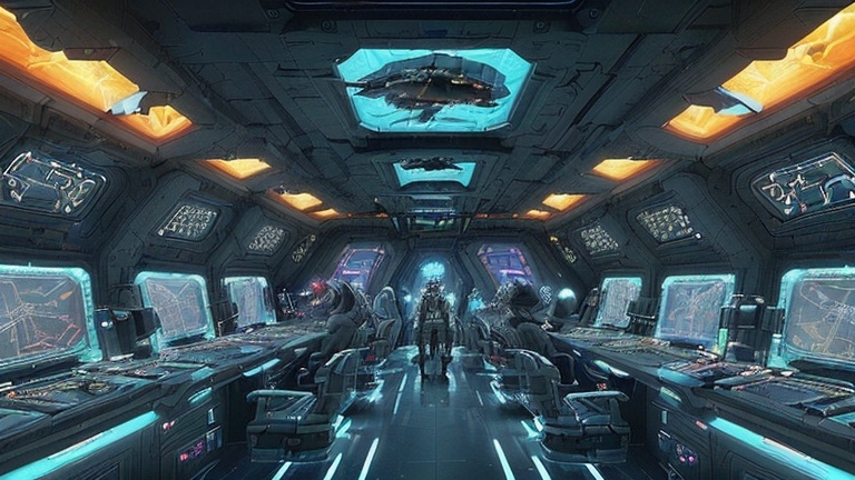 Prompt: A photo of a futuristic UPA Cosmicfleet ship's bridge bustling with activity. The diverse crew, including new crew and veteran officers from various species, are dressed in vibrant uniforms adorned with the UPA emblem and a 🐦‍🔥🐦‍🔥Phoenix🐦‍🔥🐦‍🔥 insignia. The crew teems with different alien species, displaying the vastness of the universe and the crew's commitment to exploring it. The background contains various futuristic furniture arranged around the bridge, at the crew members' work stations. The captain's command chair is in the center of the massive starship bridge. The lighting is bright and dynamic.🔩💻💿🔩🏭🐦‍🔥💿🔩💎💎💎💎🏭🏭🏭🏭💻💻🤖💎🏭🏭💻🐦‍🔥🏭💎🏭👩🏻‍🌾👾🛸👽👩🏻‍🚀🌠♾️🚀🛰️👾🔩💻💿🔩🏭🐦‍🔥💿🔩💎💎💎💎🏭🏭🏭🏭💻💻🤖💎🏭🏭💻🐦‍🔥🏭🔩💻💿🔩🏭🐦‍🔥💿🔩💎💎💎💎🏭🏭🏭🏭💻💻🤖💎🏭🏭💻🐦‍🔥🏭💎(((A cinematic shot of a cosmicpunk and futuristic starship bridge))). The ship's bridge has multiple levels, with a mix of metal and cobalt-brick elements. (((All of the red & yellow fiery colored walls have either 'Cosmicfleet', 'United Planetary Alliance', or a🐦‍🔥 Phoenix 🐦‍🔥 symbol. There are various machines and controls throughout the ship. In the background, there are large windows with a view of space. The lighting is bright, with starlight streaming in through the windows. The overall image has a dramatic and cinematic feel, with a perfect composition. There is a very diverse crew of aliens, & humans from different ethnicities, on the bridge.🏭👩🏻‍🌾👾🛸👽👩🏻‍🚀🌠♾️🚀🛰️👾💎💿🛸🐦‍🔥👾🐦‍🔥🛸💎🧲🐦‍🔥💎💎💎🛸🔩🤖💻🐦‍🔥💻🤖🔩🔩💻💿🔩🏭🐦‍🔥💿🔩💎💎💎💎🏭🏭🏭🏭💻💻🤖💎🏭🏭💻🐦‍🔥🏭💎🏭👩🏻‍🌾👾🛸👽👩🏻‍🚀🌠♾️🚀🛰️👾💎💿🛸🐦‍🔥👾🐦‍🔥🛸💎🧲🐦‍🔥💎💎💎🛸🔩🤖💻🐦‍🔥💻🤖🔩💎🏭👩🏻‍🌾👾🛸👽👩🏻‍🚀🌠♾️🚀🛰️👾💎💿🛸🐦‍🔥👾🐦‍🔥🛸💎🧲🐦‍🔥💎💎💎🛸🔩🤖💻🐦‍🔥💻🤖🔩💎💿🛸🐦‍🔥👾🐦‍🔥🛸💎🧲🐦‍🔥💎💎💎🛸🔩🤖💻🐦‍🔥💻🤖🔩.