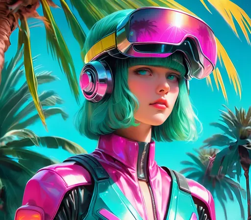 Prompt: a close up of a person wearing futuristic visors a palm tree, shiny cyberpunk colors, retrofuturism, 1980s sci-fi, game cover art, character, 4k