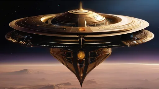 Prompt: Imagine a (((very massive dark gold starship))) based on the shape of an infinity symbol, with a length of 144 miles and a diameter of 72 miles at its midsection.(((2 diamond crystal nacelles)) are evenly spaced above the back of the base of the ship.A captivating, artwork that seamlessly merges elements from Babylon 5, Deep Space 9, and Andromeda Ascendant. At the center is an enormous space city, housed within a dazzling, invisible shield, that offers a mesmerizing glimpse into the dark cosmos. The architectural design, a captivating fusion of futuristic technology and medieval aesthetics, is adorned with intricate details &vibrant colors. (((Imagine a (((very massive dark gold starship))) based on the shape of an infinity symbol combined with a 🏯🏰castle 🏯 🏰, with a length of 144 miles and a diameter of 72 miles at its midsection.)))(((2 diamond crystal nacelles)) are evenly spaced above the back of the base of the ship. 