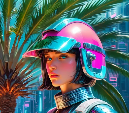 Prompt: a close up of a person wearing futuristic visors a palm tree, shiny cyberpunk colors, retrofuturism, 1980s sci-fi, game cover art, character, 4k