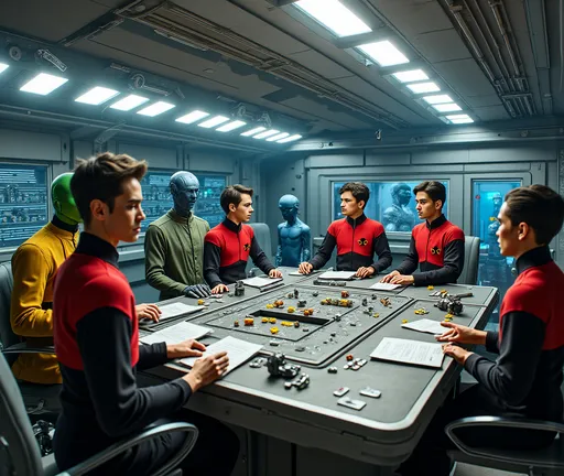 Prompt: (((The massive bridge of the starship is abuzz with activity as a diverse group of 16 recently graduated Cosmicfleet Academy cadets and 20 officers from various species.))). (((There are 4 Human men & 4 human women))), (((4 green matte))) (((men and women aliens with antennas, coming out of their heads))), (((6 metallic blue  headed humanoid ?male and female aliens, (((4 indigo matte humanoids with yellow freckles running in a weaving pattern over there right side of their face))), work together to prepare for their maiden voyage, of exploration. (((The bridge is meticulously designed to resemble the original USS Enterprise NCC 1701))). (((All of the crew are dressed in Victorian style uniforms designed, by Denise and Mike Okuda))). (((The aliens are designed, by Michael Westmore and Ridley Scott.))). (((As the cadets busy themselves with pre-flight checks, the human Caucasian male captain surveys the bridge with a seasoned eye, his experience and leadership evident in his confident demeanor.))). He's sitting, in his command chair. (((The air is electric with excitement and anticipation, as the next generation of Starfleet officers embarks on a journey under the guidance of a legendary captain.)))., 3d render, cinematic, vibrant, wildlife photography, fashion, portrait photography, 24 women, Blue eyes, Brown Hair, Black Hair, Red Eyes, Hair Ornament, Animal Ears, 24 men, Looking at viewer, Blonde Hair, Brown Hair, Black Hair, Japanese, Chinese, Dutch, Norwegian, German, Swedish, Italian, 5 Kenyan humans, Masterpiece, High Resolution, Anatomically Correct, Award Winning, Best Quality, High Details, UHD, Super Detailed, Long Hair, Short Hair, Blonde Hair, Brown Hair, Well Endowed. Bright vibrant scene.