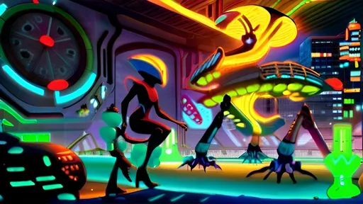 Prompt: A futuristic alien cityscape with towering skyscrapers, intricate architectural designs, and neon-lit pathways. There are flying vehicles hovering above the ground, and the environment is adorned with vibrant light trails. The foreground features several humanoid figures, possibly inhabitants of this advanced civilization, walking along the pathways. The overall ambiance is a blend of technological advancement and natural elements, suggesting a harmonious coexistence of the two.