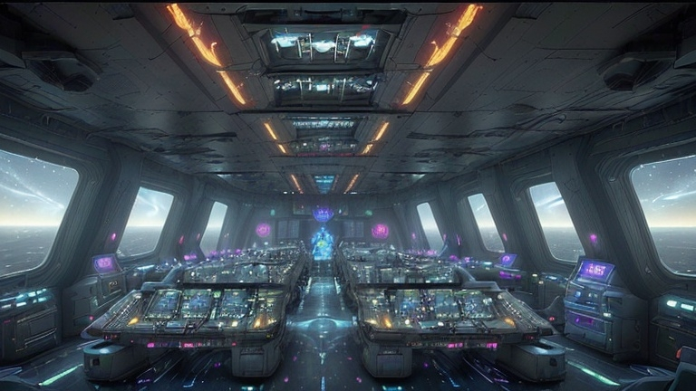 Prompt: A photo of a futuristic UPA Cosmicfleet ship's bridge bustling with activity. The diverse crew, including new crew and veteran officers from various species, are dressed in vibrant uniforms adorned with the UPA emblem and a 🐦‍🔥🐦‍🔥Phoenix🐦‍🔥🐦‍🔥 insignia. The crew teems with different alien species, displaying the vastness of the universe and the crew's commitment to exploring it. The background contains various futuristic furniture arranged around the bridge, at the crew members' work stations. The captain's command chair is in the center of the massive starship bridge. The lighting is bright and dynamic.🔩💻💿🔩🏭🐦‍🔥💿🔩💎💎💎💎🏭🏭🏭🏭💻💻🤖💎🏭🏭💻🐦‍🔥🏭💎🏭👩🏻‍🌾👾🛸👽👩🏻‍🚀🌠♾️🚀🛰️👾🔩💻💿🔩🏭🐦‍🔥💿🔩💎💎💎💎🏭🏭🏭🏭💻💻🤖💎🏭🏭💻🐦‍🔥🏭🔩💻💿🔩🏭🐦‍🔥💿🔩💎💎💎💎🏭🏭🏭🏭💻💻🤖💎🏭🏭💻🐦‍🔥🏭💎(((A cinematic shot of a cosmicpunk and futuristic starship bridge))). The ship's bridge has multiple levels, with a mix of metal and cobalt-brick elements. (((All of the red & yellow fiery colored walls have either 'Cosmicfleet', 'United Planetary Alliance', or a🐦‍🔥 Phoenix 🐦‍🔥 symbol. There are various machines and controls throughout the ship. In the background, there are large windows with a view of space. The lighting is bright, with starlight streaming in through the windows. The overall image has a dramatic and cinematic feel, with a perfect composition. There is a very diverse crew of aliens, & humans from different ethnicities, on the bridge.🏭👩🏻‍🌾👾🛸👽👩🏻‍🚀🌠♾️🚀🛰️👾💎💿🛸🐦‍🔥👾🐦‍🔥🛸💎🧲🐦‍🔥💎💎💎🛸🔩🤖💻🐦‍🔥💻🤖🔩🔩💻💿🔩🏭🐦‍🔥💿🔩💎💎💎💎🏭🏭🏭🏭💻💻🤖💎🏭🏭💻🐦‍🔥🏭💎🏭👩🏻‍🌾👾🛸👽👩🏻‍🚀🌠♾️🚀🛰️👾💎💿🛸🐦‍🔥👾🐦‍🔥🛸💎🧲🐦‍🔥💎💎💎🛸🔩🤖💻🐦‍🔥💻🤖🔩💎🏭👩🏻‍🌾👾🛸👽👩🏻‍🚀🌠♾️🚀🛰️👾💎💿🛸🐦‍🔥👾🐦‍🔥🛸💎🧲🐦‍🔥💎💎💎🛸🔩🤖💻🐦‍🔥💻🤖🔩💎💿🛸🐦‍🔥👾🐦‍🔥🛸💎🧲🐦‍🔥💎💎💎🛸🔩🤖💻🐦‍🔥💻🤖🔩.