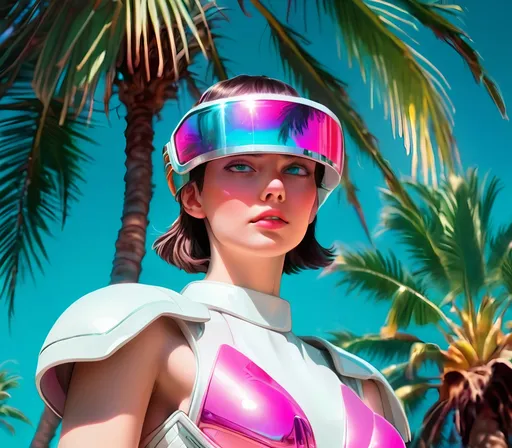 Prompt: a close up of a person wearing futuristic visors a palm tree, shiny cyberpunk colors, retrofuturism, 1980s sci-fi, game cover art, character, 4k