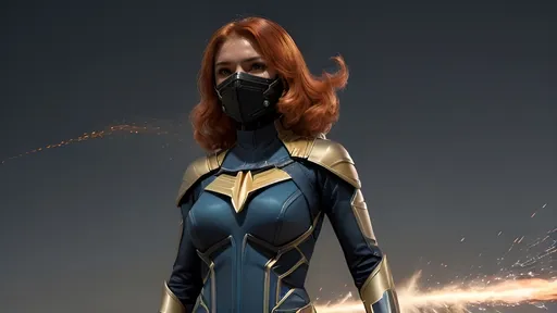 Prompt: A mysterious Super Heroine named Cosmic 
Super Nova soaring through the air above Earth. The hero, standing 5'8" and weighing at a fit 135 lbs, is clad in dark lemon armor with a cowl concealing her identity. A striking exploding nova  emblem dominates the chest of the hero's suit. In her wake, a trail of fiery dust is scattered through the air, signifying the power and speed of this enigmatic figure.