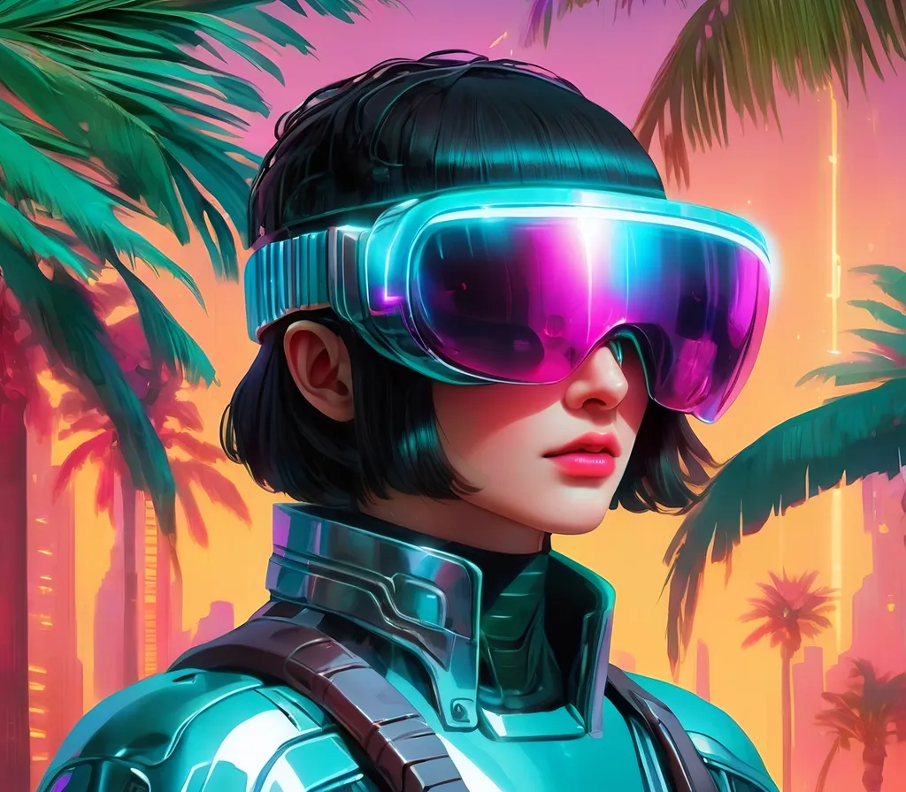 Prompt: a close up of a person wearing futuristic visors a palm tree, shiny cyberpunk colors, retrofuturism, 1980s sci-fi, game cover art, character, 4k