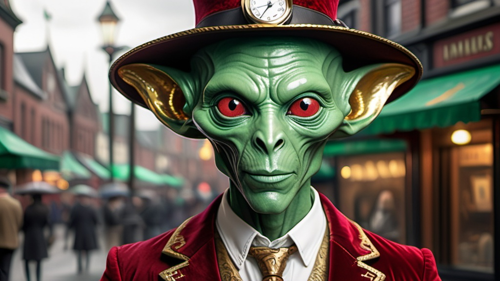 Prompt: This average build human-alien hybrid, with an athletic Irish-green colored skin, and gold coin shaped ears, and is staring directly at the viewer, with a wonderful smile. The man is wearing a red & obtuse gold velvet Victorian style suit, with a Fedora, and leaning on a fashionable sturdy umbrella. Behind the human-alien, there's a steampunk-looking car with intricate designs, including a shiny metallic surface and two spherical objects, in front are its headlights. This vivacious gregarious humanoid woman with an athletic light-red colored body, and diamond-ears is staring directly at the viewer, with a wonderful smile. The woman is wearing a red & obtuse cream &gold colored Victorian style gown, with a fashionable hat, and leaning on a fashionable sturdy umbrella.There are a vast variety of cars with intricate designs, including a shiny metallic blue surface and two crystal headlights, on one of them.The background is a gradient of dark metallic gold & obtuse green, giving an ambiance of a steampunk car showroom. A full body view of the woman, she's standing about 10 feet in front of the closest car, which has a yellow shaker hood scoop. Other cars resemble early Lamborghinis, Mustangs, Chevys, Mercury Cougars, Oldsmobiles, and more. These humanoids are married co-owners of the dealership. Both the woman and man are close together each other.