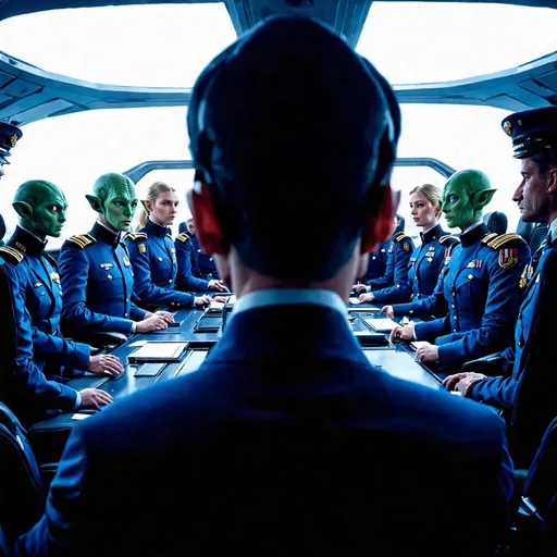 Prompt: (((The massive bridge of the starship is abuzz with activity as a diverse group of 16 recently graduated Cosmicfleet Academy cadets and 20 officers from various species.))). (((There are 4 Human men & 4 human women))), (((4 green matte))) (((men and women aliens with antennas, coming out of their heads))), (((6 metallic blue  headed humanoid ?male and female aliens, (((4 indigo matte humanoids with yellow freckles running in a weaving pattern over there right side of their face))), work together to prepare for their maiden voyage, of exploration. (((The bridge is meticulously designed to resemble the original USS Enterprise NCC 1701))). (((All of the crew are dressed in Victorian style uniforms designed, by Denise and Mike Okuda))). (((The aliens are designed, by Michael Westmore and Ridley Scott.))). (((As the cadets busy themselves with pre-flight checks, the human Caucasian male captain surveys the bridge with a seasoned eye, his experience and leadership evident in his confident demeanor.))). He's sitting, in his command chair. (((The air is electric with excitement and anticipation, as the next generation of Starfleet officers embarks on a journey under the guidance of a legendary captain.)))., 3d render, cinematic, vibrant, wildlife photography, fashion, portrait photography, 24 women, Blue eyes, Brown Hair, Black Hair, Red Eyes, Hair Ornament, Animal Ears, 24 men, Looking at viewer, Blonde Hair, Brown Hair, Black Hair, Japanese, Chinese, Dutch, Norwegian, German, Swedish, Italian, 5 Kenyan humans, Masterpiece, High Resolution, Anatomically Correct, Award Winning, Best Quality, High Details, UHD, Super Detailed, Long Hair, Short Hair, Blonde Hair, Brown Hair, Well Endowed. Bright vibrant scene.