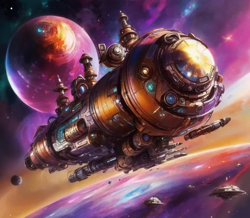 Prompt: Steampunk metallic.Use the styles of Issac Asimov, J. Michael Straczynski, 6 O'Neil Class Space Station vibrant🖍️⚡ colors,There are hundreds of starships🌌👽🛸 going to & fro, from the station, at any hour of the day.🛰️The station is center. 🛰️many stars, a nebula, in the background.vibrant,diamond style.🌕🌎🌖🌏🌕🌏🌓.Photorealistic, extremely Intricate detailed faces. 750,000 UHD 5D resolution. Crystal clarity. Insanely symmetrical.