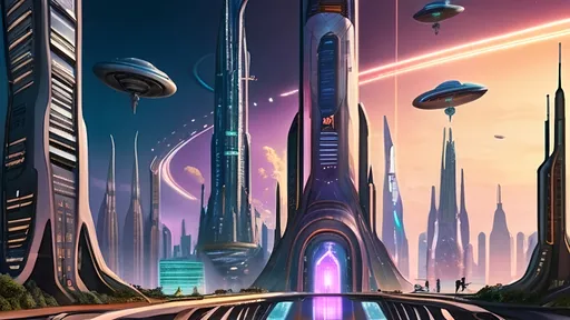 Prompt: A futuristic alien cityscape with towering skyscrapers, intricate architectural designs, and neon-lit pathways. There are flying vehicles hovering above the ground, and the environment is adorned with vibrant light trails. The foreground features several humanoid figures, possibly inhabitants of this advanced civilization, walking along the pathways. The overall ambiance is a blend of technological advancement and natural elements, suggesting a harmonious coexistence of the two.