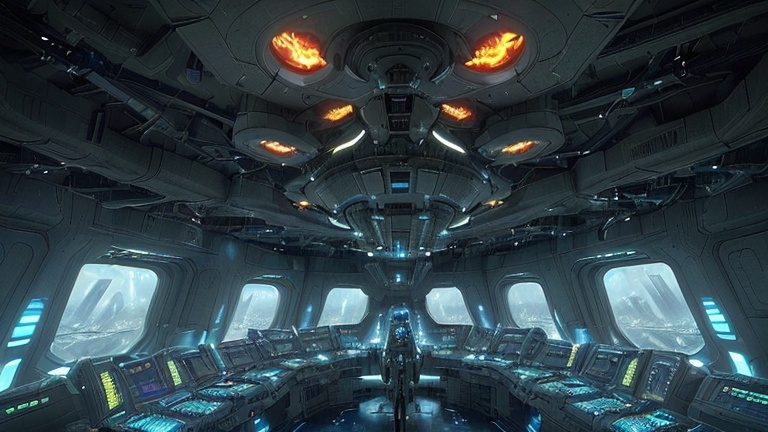 Prompt: A photo of a futuristic UPA Cosmicfleet ship's bridge bustling with activity. The diverse crew, including new crew and veteran officers from various species, are dressed in vibrant uniforms adorned with the UPA emblem and a 🐦‍🔥🐦‍🔥Phoenix🐦‍🔥🐦‍🔥 insignia. The crew teems with different alien species, displaying the vastness of the universe and the crew's commitment to exploring it. The background contains various futuristic furniture arranged around the bridge, at the crew members' work stations. The captain's command chair is in the center of the massive starship bridge. The lighting is bright and dynamic.🔩💻💿🔩🏭🐦‍🔥💿🔩💎💎💎💎🏭🏭🏭🏭💻💻🤖💎🏭🏭💻🐦‍🔥🏭💎🏭👩🏻‍🌾👾🛸👽👩🏻‍🚀🌠♾️🚀🛰️👾🔩💻💿🔩🏭🐦‍🔥💿🔩💎💎💎💎🏭🏭🏭🏭💻💻🤖💎🏭🏭💻🐦‍🔥🏭🔩💻💿🔩🏭🐦‍🔥💿🔩💎💎💎💎🏭🏭🏭🏭💻💻🤖💎🏭🏭💻🐦‍🔥🏭💎(((A cinematic shot of a cosmicpunk and futuristic starship bridge))). The ship's bridge has multiple levels, with a mix of metal and cobalt-brick elements. (((All of the red & yellow fiery colored walls have either 'Cosmicfleet', 'United Planetary Alliance', or a🐦‍🔥 Phoenix 🐦‍🔥 symbol. There are various machines and controls throughout the ship. In the background, there are large windows with a view of space. The lighting is bright, with starlight streaming in through the windows. The overall image has a dramatic and cinematic feel, with a perfect composition. There is a very diverse crew of aliens, & humans from different ethnicities, on the bridge.🏭👩🏻‍🌾👾🛸👽👩🏻‍🚀🌠♾️🚀🛰️👾💎💿🛸🐦‍🔥👾🐦‍🔥🛸💎🧲🐦‍🔥💎💎💎🛸🔩🤖💻🐦‍🔥💻🤖🔩🔩💻💿🔩🏭🐦‍🔥💿🔩💎💎💎💎🏭🏭🏭🏭💻💻🤖💎🏭🏭💻🐦‍🔥🏭💎🏭👩🏻‍🌾👾🛸👽👩🏻‍🚀🌠♾️🚀🛰️👾💎💿🛸🐦‍🔥👾🐦‍🔥🛸💎🧲🐦‍🔥💎💎💎🛸🔩🤖💻🐦‍🔥💻🤖🔩💎🏭👩🏻‍🌾👾🛸👽👩🏻‍🚀🌠♾️🚀🛰️👾💎💿🛸🐦‍🔥👾🐦‍🔥🛸💎🧲🐦‍🔥💎💎💎🛸🔩🤖💻🐦‍🔥💻🤖🔩💎💿🛸🐦‍🔥👾🐦‍🔥🛸💎🧲🐦‍🔥💎💎💎🛸🔩🤖💻🐦‍🔥💻🤖🔩.