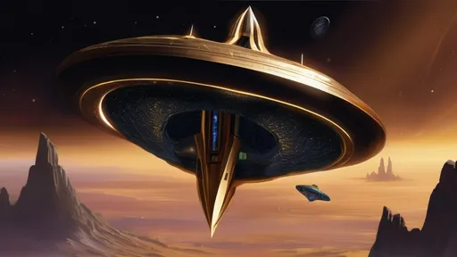 Prompt: Imagine a (((very massive dark gold starship))) based on the shape of an infinity symbol, with a length of 144 miles and a diameter of 72 miles at its midsection.(((2 diamond crystal nacelles)) are evenly spaced above the back of the base of the ship.A captivating, artwork that seamlessly merges elements from Babylon 5, Deep Space 9, and Andromeda Ascendant. At the center is an enormous space city, housed within a dazzling, invisible shield, that offers a mesmerizing glimpse into the dark cosmos. The architectural design, a captivating fusion of futuristic technology and medieval aesthetics, is adorned with intricate details &vibrant colors. (((Imagine a (((very massive dark gold starship))) based on the shape of an infinity symbol combined with a 🏯🏰castle 🏯 🏰, with a length of 144 miles and a diameter of 72 miles at its midsection.)))(((2 diamond crystal nacelles)) are evenly spaced above the back of the base of the ship. 