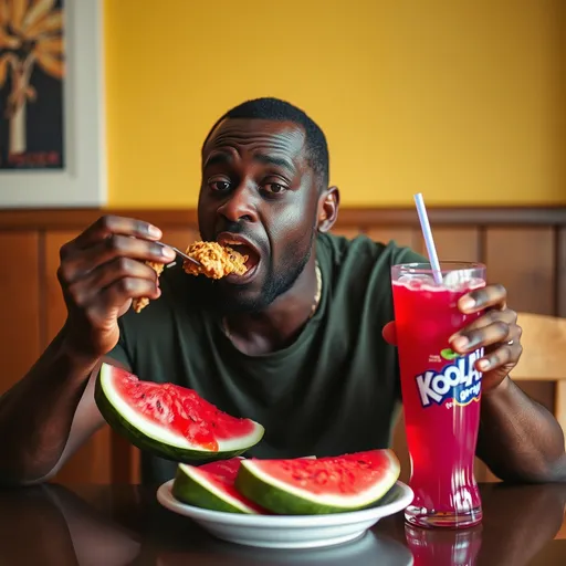 Prompt: black guy eating chicken and watermelon while drinking grape Kool aid