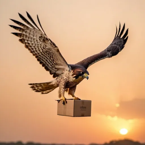 Prompt: An Indian falcon carrying a box in his claws, in flight at sunset