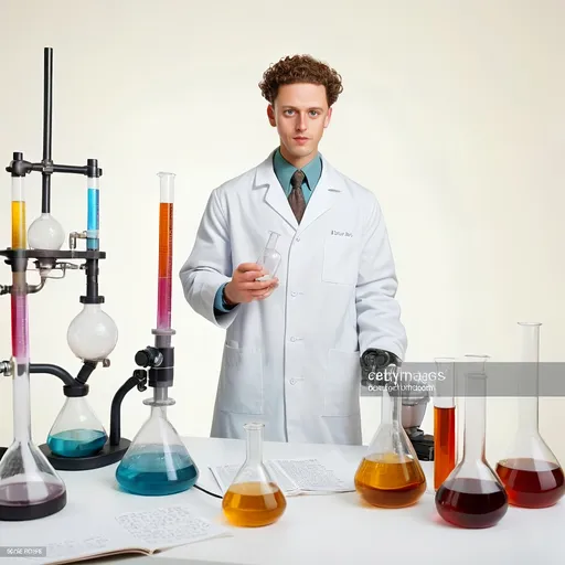 Prompt: professional. high resolution. plenty of fine and distinct little details. make a cool background with this chemistry mechanism. make the background not white but glass and make the print faint, not too bright. in front of the background is one Caucasian male scientist who is very tall with curly brown hair.  make him read a science book.