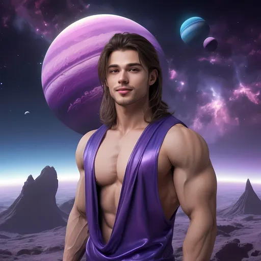 Prompt: Make details super realistic and beautiful. Many very fine details. Beautiful and very professional and good quality. Realistic. High resolution. Make male model more realistic and smiling and blowing kiss and show fine details and lines of muscles. Wearing no costume. Realistic. High resolution. Beautiful. The purple planet in the background looks like Saturn. Blue shining falling starts. 