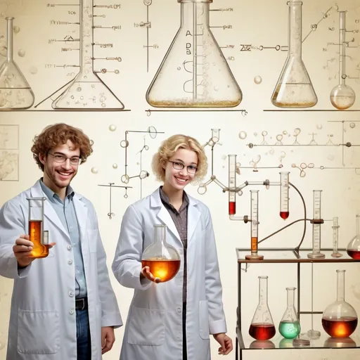 Prompt: professional. high resolution. plenty of fine and distinct little details. make a cool background with this chemistry mechanism. make the background not white but glass and make the print faint, not too bright. in front of the background is one Caucasian male scientist who is very tall with curly brown hair and a golden blonde Caucasian female scientist who is short. make them laugh and have fun while working on magical experiments. 