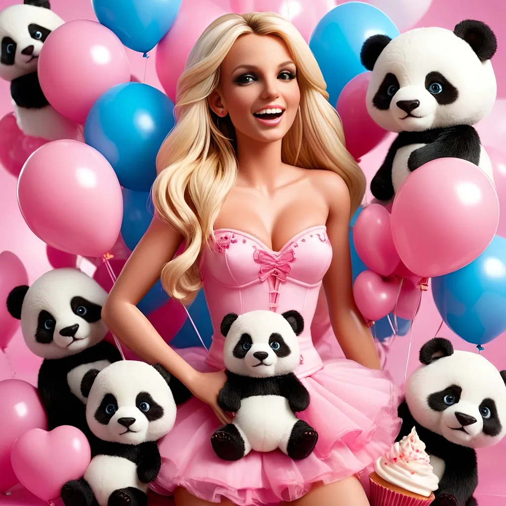 Prompt: Make a Barbie doll that resembles Britney Spears in pink candy floss heaven with sparkling balloons and cupcakes and hearts with a cute life-size panda teddy bear. Zoom out and show the full body of Britney Spears doll. High resolution. professional. cute. 