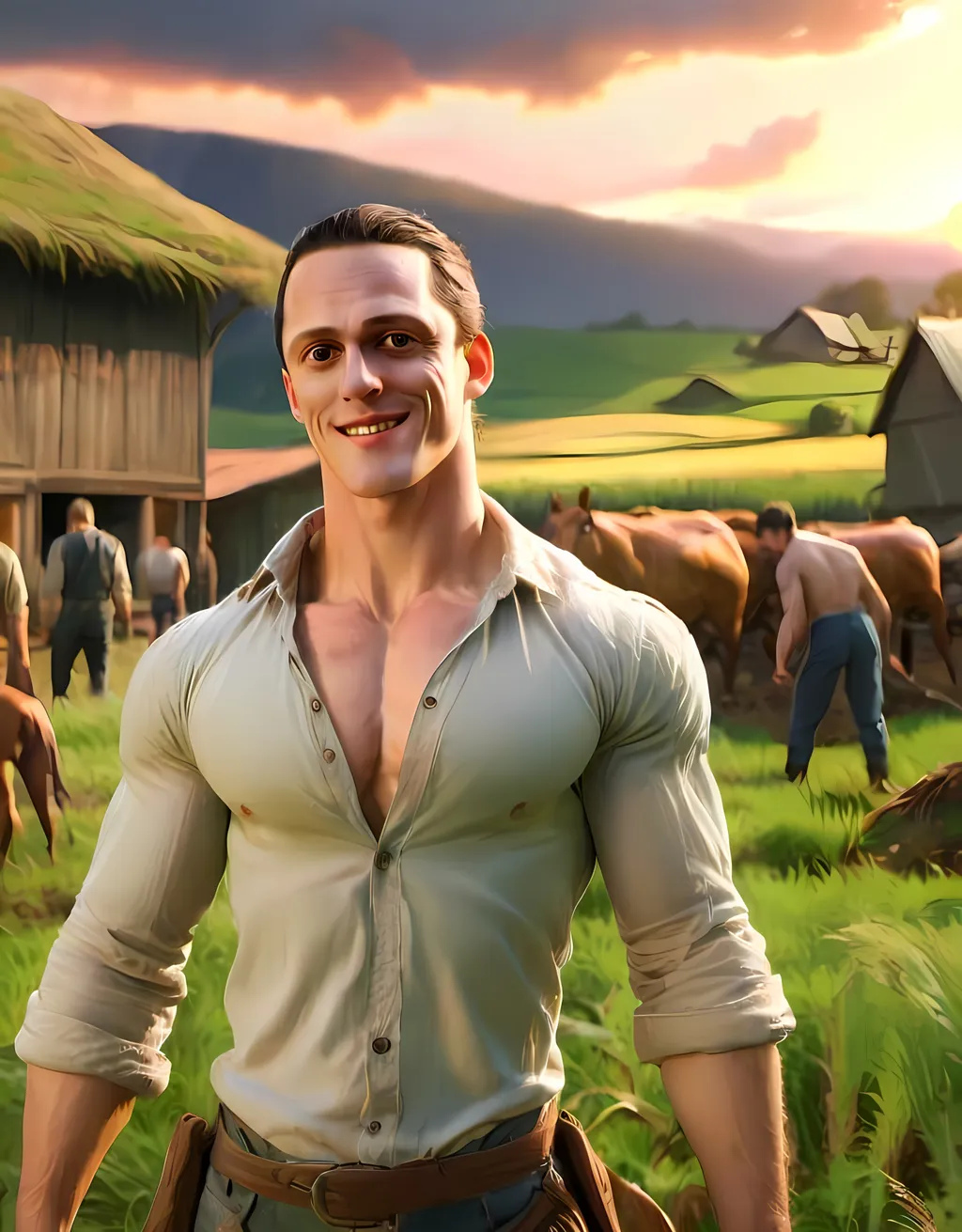 Prompt: Anime. old English farm,posing, captured with soft focus and muted colors typical of early film photography. have a muscled man do labor farm work. include many other men in the background with a lot of other men. They are sweating. Big mountains and golden sunset in background with lavish green fields. 