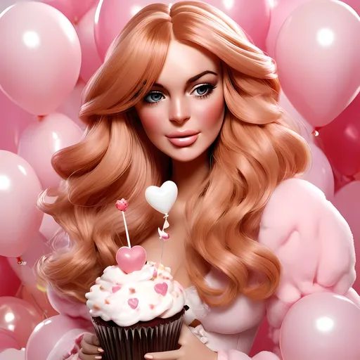 Prompt: Make a Barbie doll that resembles Lindsay Lohan wearing an avant grade high fashion pink outfit and floatingon cloud in pink candy floss heaven with sparkling balloons and cupcakes and hearts with a cute life-size brown and pink teddy bear. Zoom out and show the full body of Lindsay Lohan doll. High resolution. professional. cute. 